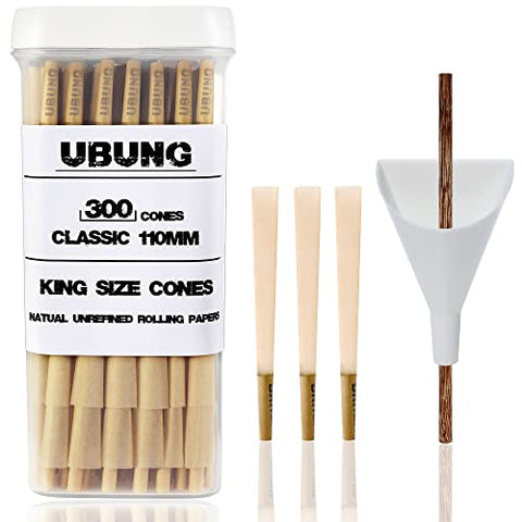 UBUNG Cones - 300 Pack - Classic King Size Pre Rolled Cones with Tips - 110MM Rolling Paper with Filters - Accessories Include Flat Cone Loaders and Packing Sticks and Easy to Carry 4 Doob Tubes