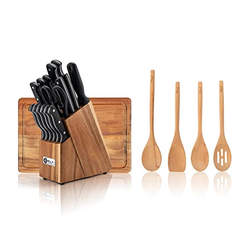 Bill.F Knife Set,Wood Kitchen Set for Kitchen with Block Stainless Steel Knives 16 Pcs,4pcs Wood Cooking Utensils Spoon Set,1pc Cutting Board with Groove,Chef Kitchen Gadgets Utensil Set