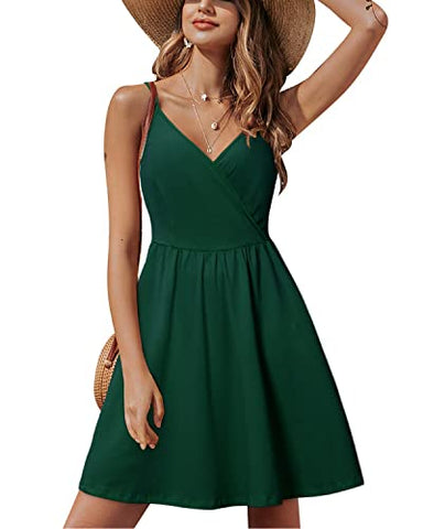 STYLEWORD Women's V Neck Spaghetti Strap Summer Dress Skater Casual Dress Swing Midi Sundress with Pockets(B4-green-429,M)