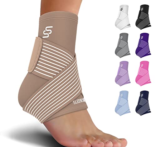 Sleeve Stars Ankle Support for Ligament Damage & Sprained Ankle, Plantar Fasciitis Support & Heel Achilles Tendonitis Pain Relief, Ankle Brace for Women & Men w/Compression Strap (Single/Beige)