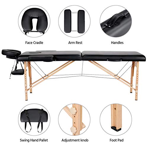 Yaheetech Black Portable Massage Table Folding Spa Beauty Bed Lightweight Tattoo Therapy Couch w/Carry Bag Wooden 2 Sections