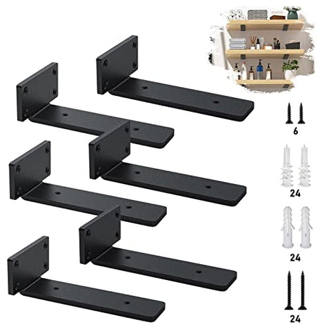 MLOQI Black Shelf Brackets Heavy Duty 5mm Thick Floating Shelf Brackets Metal Brackets for Shelves Rustic Shelf Bracket 6 Pack (8 Inches)