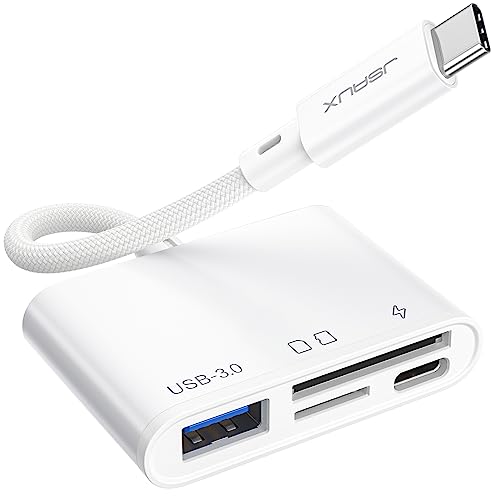 SD Card Reader with USB 3.0 Port & Charging Port | JSAUX 4-in-1 USB C to Micro SD Memory Card Reader | Compatible with iPhone 15/ Pro Max/Pro/Plus, iPad Pro, MacBook Pro/Air, Galaxy S8 to S23
