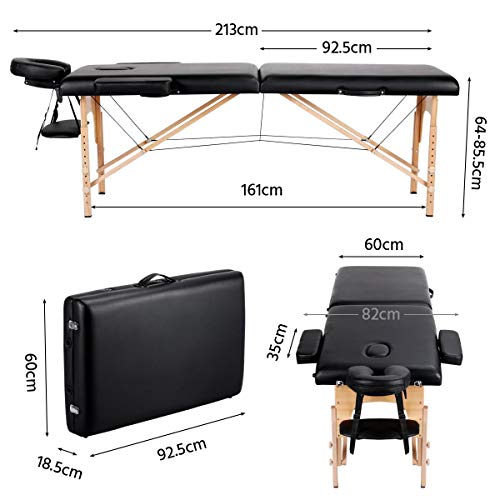 Yaheetech Black Portable Massage Table Folding Spa Beauty Bed Lightweight Tattoo Therapy Couch w/Carry Bag Wooden 2 Sections