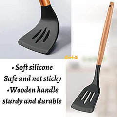 Silicone Cooking Utensils Set - 446°F Heat Resistant Silicone Kitchen Utensils for Cooking,Kitchen Utensil Spatula Set w Wooden Handles and Holder, BPA Free Gadgets for Non-Stick Cookware (Gray)