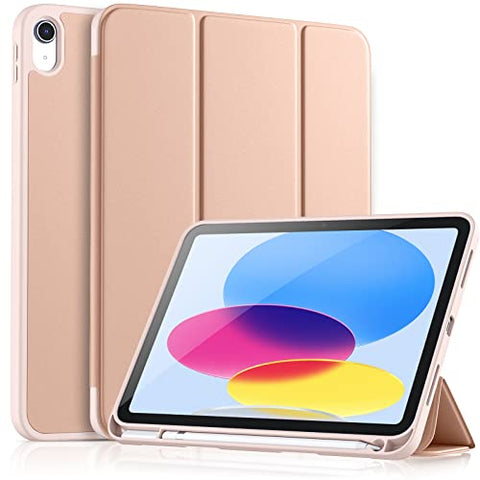 Vobafe Case for iPad 10th Generation Case 2022, IPad 10 Case with Flexible TPU Back & Trifold Stand, Protective Cover with Pencil Holder for iPad 10.9 Inch, Auto Wake/Sleep, Rose Gold