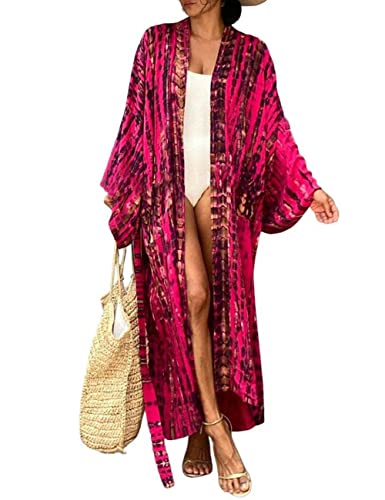 Bsubseach Sexy Bathing Suit Cover Ups for Womens Beach Kimono Cardigans Swimsuit Coverup Resort Wear Rose Red