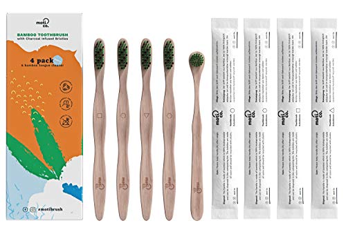 Bamboo Toothbrushes 4 Pack - Tongue Cleaner Gift Inside - Soft Charcoal Bristles - Eco-Friendly and Biodegradable - Healthier Teeth and Planet by Moti Co.