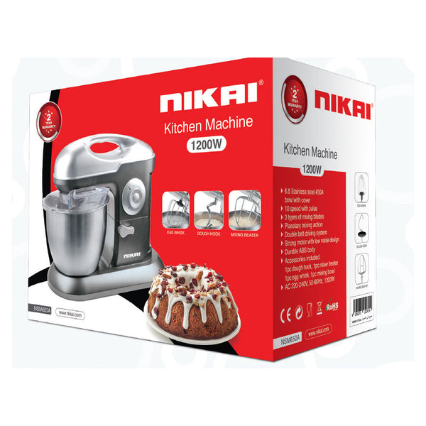Nikai Kitchen Machine 1200W 6.5L 10 Speeds + Pulse 3 Attachments Dough Hook, Beater, Whisk, NSM650A