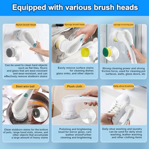 YOYIAG Electric Spin Scrubber Cordless: Electric Cleaning Brush with 5 Replaceable Brush Heads, Cordless Scrubber Perfect, Power Spin Scrubber for Kitchen Wall Bathtub Window Sink Shoes