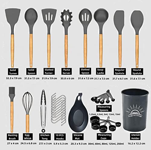 Silicone Cooking Utensils Set - 446°F Heat Resistant Silicone Kitchen Utensils for Cooking,Kitchen Utensil Spatula Set w Wooden Handles and Holder, BPA Free Gadgets for Non-Stick Cookware (Gray)