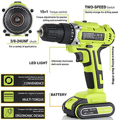 Cordless Drill 18V, Electric Drill Driver 1500mAh Battery, 28N.m, 15+1 Torque Setting with 15 Pcs of Accessories, 0-1500RPM Variable Speed for DIY, Drilling Walls, Wood, Metal