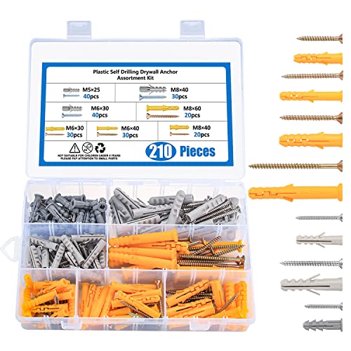 210 Pcs Wall Plugs and Screws Set, 7 Sizes Hollow Wall Anchor with Screws Assortment Kit, Masonry Brick Concrete Wall Fixings Self Drilling Screws and Wall Plugs Anchor Bolts - M5/M6/M8