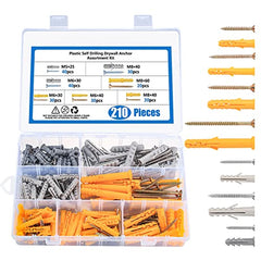 210 Pcs Wall Plugs and Screws Set, 7 Sizes Hollow Wall Anchor with Screws Assortment Kit, Masonry Brick Concrete Wall Fixings Self Drilling Screws and Wall Plugs Anchor Bolts - M5/M6/M8