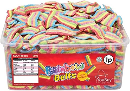Youbuy YBG Sweets Tub of Sour Power Rainbow Belt Sweets | 600 Fizzy Rainbow Belts | 1000g