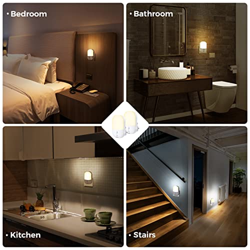 Suright Plug in Night Light with Dusk to Dawn Photocell Sensor, 2 Pack Night Light with 5 Levels Brightness Adjustable, 3000K Warm White Night Light Kids for Bedroom, Hallway, Stairs, Nursery, 0.3 W