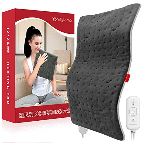 Comfytemp Heat Pad for Back Pain Relief, 12"x24" Electric Heat Pad with 3 Temperatures, Auto-Off, STAY ON Mode, Heating Pad for Lower Back Neck Shoulder, Heat Therapy for Period, Cramps, Endometriosis