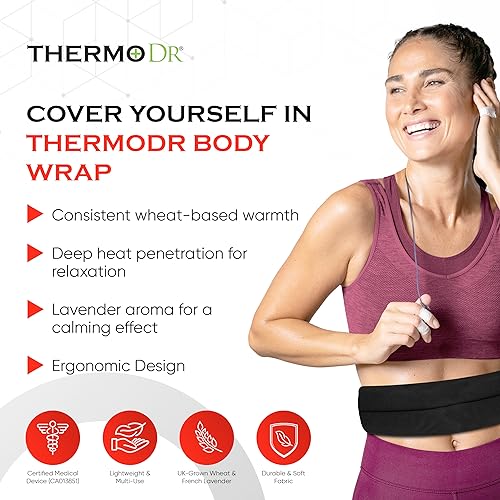 Wheat Bags Microwavable Heat Pack - Body Wrap Microwave Heat Pad with UK Cleaned Wheat & Lavender Scent for Body Discomfort - Back, Shoulder, Stomach & Neck Heat Pad by ThermoDR - Black