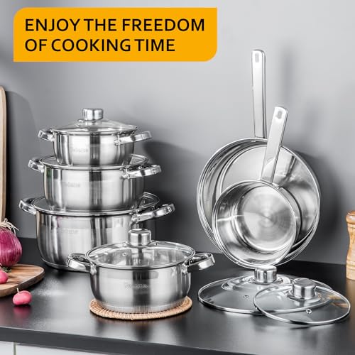 Velaze Cookware Set, Series Motti, 12-Piece Stainless Steel Pot & Pan Sets, Induction Safe, Saucepan, Casserole, pan with Glass lid