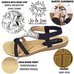 Jo & Joe Ladies Faux Leather Peep Open Toe Sling Back T-Bar Dimante Flat Flip Flop Sandals Size 3-8 (UK 5, Navy)