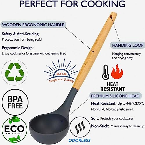 Silicone Cooking Utensils Set - 446°F Heat Resistant Silicone Kitchen Utensils for Cooking,Kitchen Utensil Spatula Set w Wooden Handles and Holder, BPA Free Gadgets for Non-Stick Cookware (Gray)