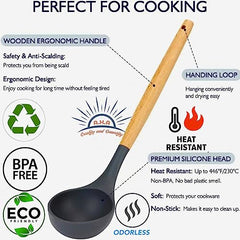 Silicone Cooking Utensils Set - 446°F Heat Resistant Silicone Kitchen Utensils for Cooking,Kitchen Utensil Spatula Set w Wooden Handles and Holder, BPA Free Gadgets for Non-Stick Cookware (Gray)