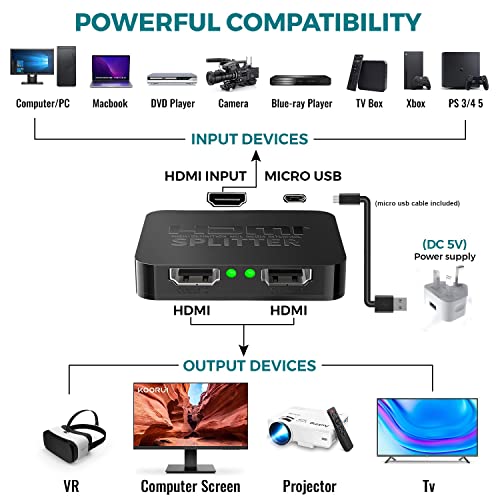 HDMI Splitter 1 in 2 Out, 4K HDMI Splitter for Dual Monitors, 2 Port HDMI Splitter 1 in2 out, Dual Monitor Adapter for Fire Stick, PS4, Xbox, PS3, Sky Q Box (Mirror Only, Not Extend)