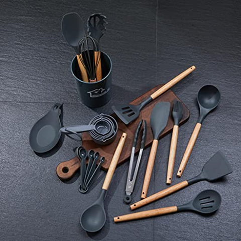 Silicone Cooking Utensils Set - 446°F Heat Resistant Silicone Kitchen Utensils for Cooking,Kitchen Utensil Spatula Set w Wooden Handles and Holder, BPA Free Gadgets for Non-Stick Cookware (Gray)