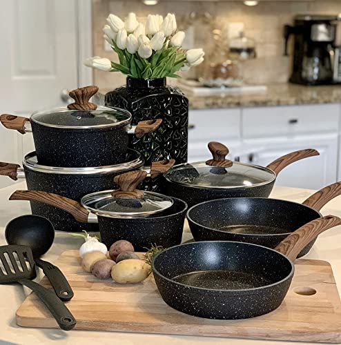 Kitchen Academy Induction Cookware Sets - 12 Piece Cooking Pan Nonstick Set, Black Granite Pots and Pans Set