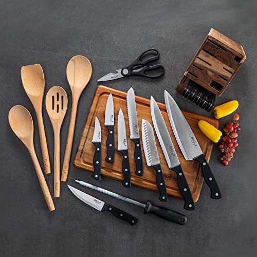 Bill.F Knife Set,Wood Kitchen Set for Kitchen with Block Stainless Steel Knives 16 Pcs,4pcs Wood Cooking Utensils Spoon Set,1pc Cutting Board with Groove,Chef Kitchen Gadgets Utensil Set