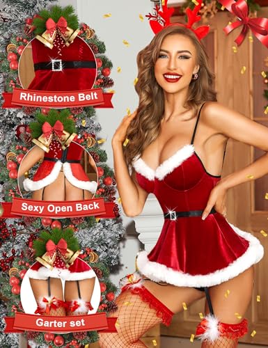 RSLOVE Christmas Dress for Women Santa Costume Babydoll with Suspender Belt Red Small