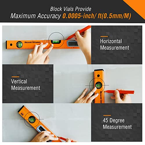 Mecurate Instrument Level Tool, 24 inch, 600mm, Metric&Inch Double Scale Magnetic Torpedo Level and Ruler
