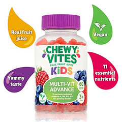 Chewy Vites Kids Multivitamin Advance 60 Gummy Vitamins | 11 Essential Nutrients | 1-a-Day | 2 Months Supply | Real Fruit Juice | Vegan | 3 Years+