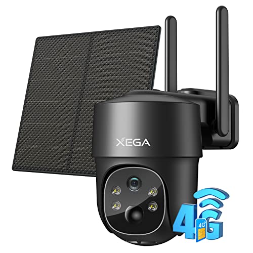 Xega 4G LTE Cellular Security Camera Solar With SIM Card, Outdoor Wireless No WiFi Security Camera, 2K HD PTZ Night Vision PIR Motion Sensor 2 Way Talk SD&Cloud Storage IP66