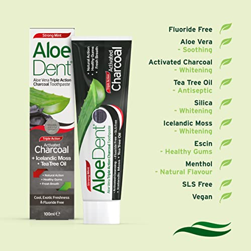 Aloe Dent Charcoal Toothpaste Fluoride Free, Natural Action, Vegan, Cruelty Free , SLS Free, Whitening, Healthy Gums , 100 ml
