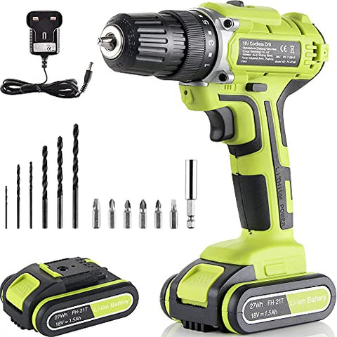 Cordless Drill 18V, Electric Drill Driver 1500mAh Battery, 28N.m, 15+1 Torque Setting with 15 Pcs of Accessories, 0-1500RPM Variable Speed for DIY, Drilling Walls, Wood, Metal