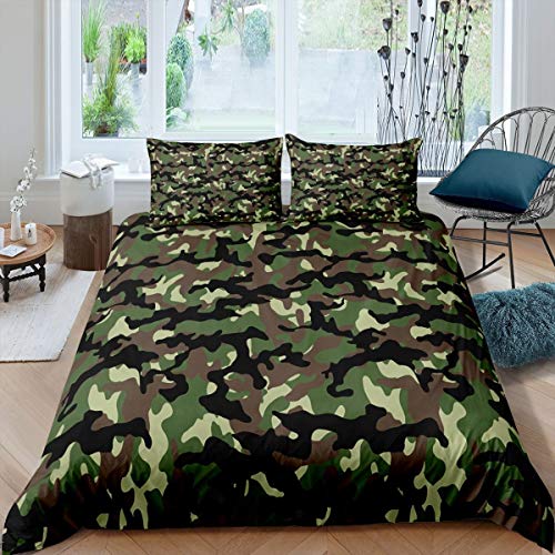 Camouflage Duvet Cover Set for Kids Force Hidden ArmyGreen Comforter Cover for Boys Girls Teens Decorative 3 Piece King Size Cool Style Bedding Set(1 Quilt Cover+ 2 Pillowcases),Zipper