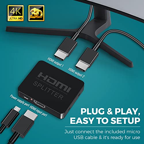 HDMI Splitter 1 in 2 Out, 4K HDMI Splitter for Dual Monitors, 2 Port HDMI Splitter 1 in2 out, Dual Monitor Adapter for Fire Stick, PS4, Xbox, PS3, Sky Q Box (Mirror Only, Not Extend)