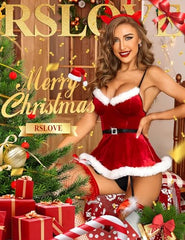 RSLOVE Christmas Dress for Women Santa Costume Babydoll with Suspender Belt Red Small
