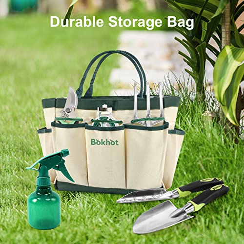 Bokhot Garden Tools Set Gardening Hand Tool Gift Kit with Heavy Duty Tool Bag for Easy Storage, Gardening Gifts for Outdoor Women & Men