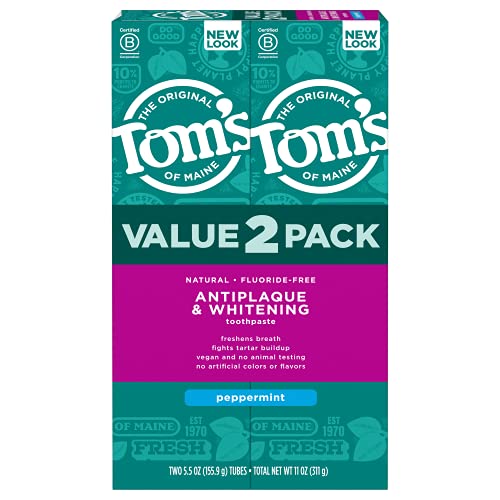 Tom's of Maine Antiplaque and Whitening Fluoride-Free Toothpaste, Peppermint, 5.5-Ounce (Pack of 2)