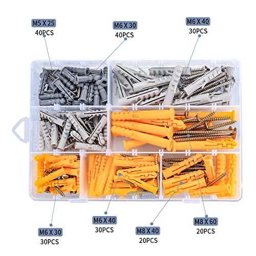 210 Pcs Wall Plugs and Screws Set, 7 Sizes Hollow Wall Anchor with Screws Assortment Kit, Masonry Brick Concrete Wall Fixings Self Drilling Screws and Wall Plugs Anchor Bolts - M5/M6/M8