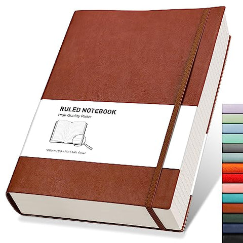 RETTACY A4 Lined Notebook College Ruled/Thick Journal - Extra Large Softcover Composition Notebooks with 2 Free Sticky Notes 320 Pages,Faux Leather, Inner Pocket 21.5 x 27.9cm - Brown