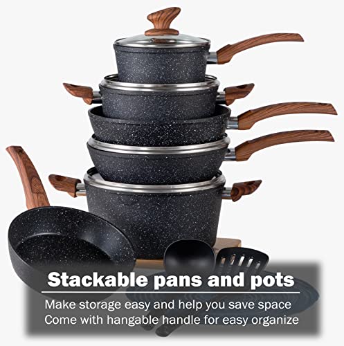 Kitchen Academy Induction Cookware Sets - 12 Piece Cooking Pan Nonstick Set, Black Granite Pots and Pans Set