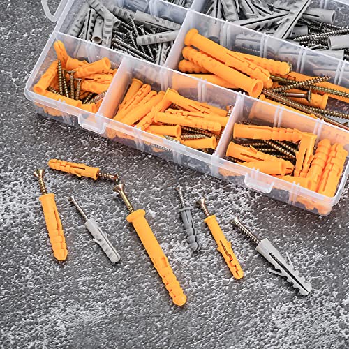 210 Pcs Wall Plugs and Screws Set, 7 Sizes Hollow Wall Anchor with Screws Assortment Kit, Masonry Brick Concrete Wall Fixings Self Drilling Screws and Wall Plugs Anchor Bolts - M5/M6/M8