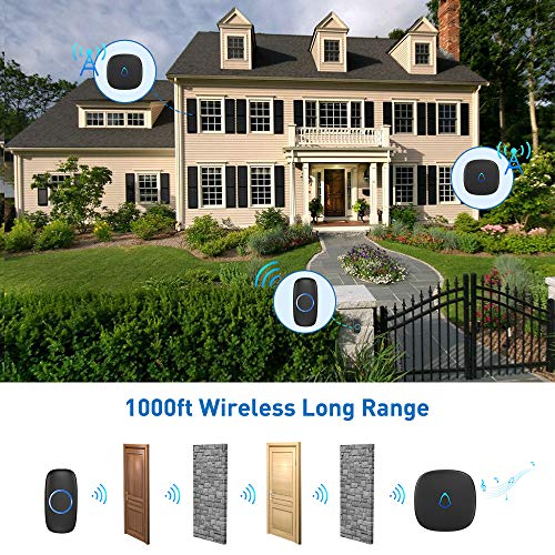 SECRUI Wireless Doorbell, Plug in Waterproof Battery Operated Cordless Doorbell Operating at 1,000 Feet Long Range with 58 Chimes 5 Volume Levels LED Light Easy Install for Home, School, Office,Black