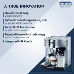 Delonghi Expresso Maker Pump Driven & Cappuccino Machine 1450W (Metallic) EC850.M