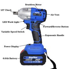 21V Brushless Cordless Impact Wrench Car Repair Wheel Nut Gun Electric 420 N.M High Torque Impact Wrench Power Wrench Electric Cordless Driver with LED Work Light + 6.0AH Li-Ion Battery + Drill bits