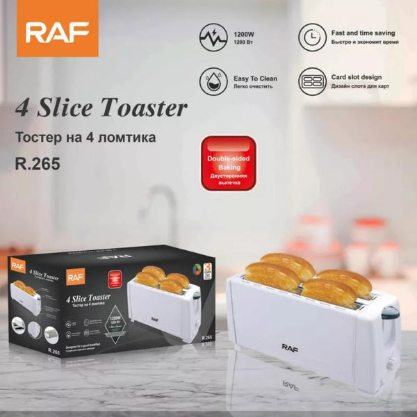 RAF Bread Toaster 4 Slice 1200W, Double Sided Baking, Card Slot Design R.265