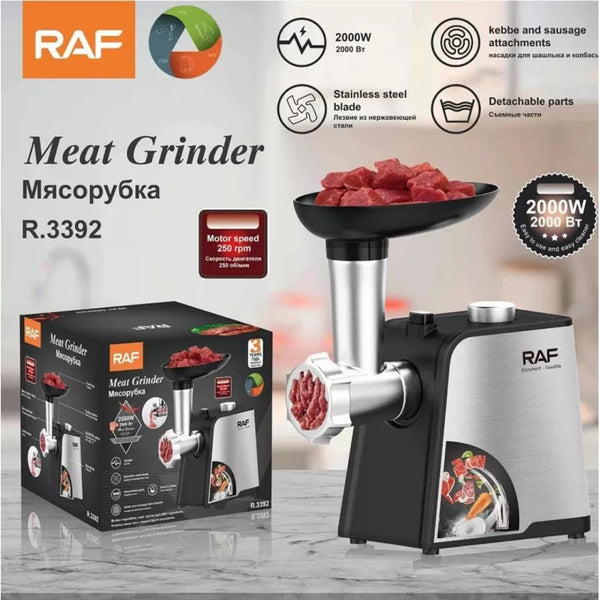 RAF Meat Grinder 2000W Stainless Steel Blades, Detachable Parts, Kebbe & Sausage Attachments, Reverse Function R.3392